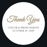 Faux Gold Metallic Wedding Thank You Classic Round Sticker<br><div class="desc">Create your own wedding thank you stickers. This version has a font size for full names. The artistic text art features a faux gold and golden yellow metal look style foil that is digital artwork that prints flat like a photo. Customize the font styles to create your own envelope seals...</div>