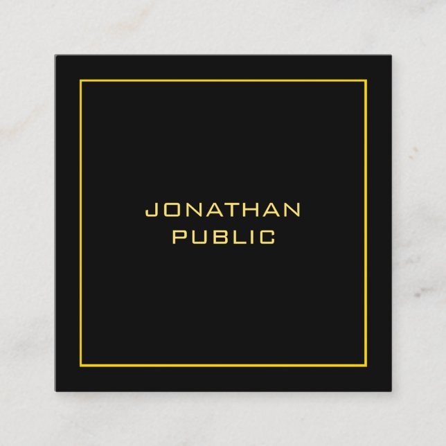 Faux Gold Modern Personalized Black Template Square Business Card (Front)