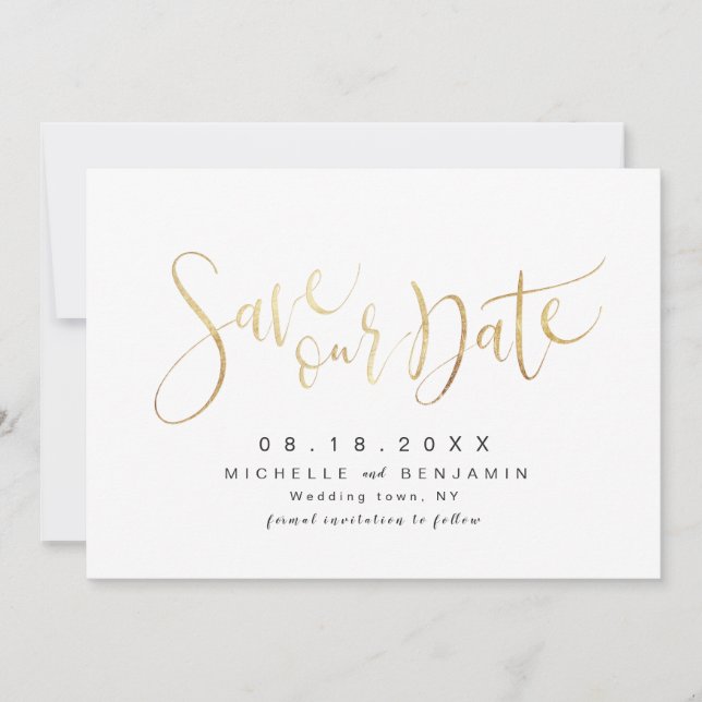 Faux Gold Modern Simple Script Save The Date (Front)