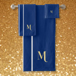Faux Gold Monogram Navy Blue White Racing Stripes Bath Towel Set<br><div class="desc">Create your own custom, personalized, cool, classy, stylish, classic, navy blue and white racing stripes design, modern elegant faux gold typography / script monogram, trendy, machine washable, bath towel set that includes 30" x 60" bath towel, 16" x 28" hand towel and 13" x 13" washcloth. To customize, simply type...</div>