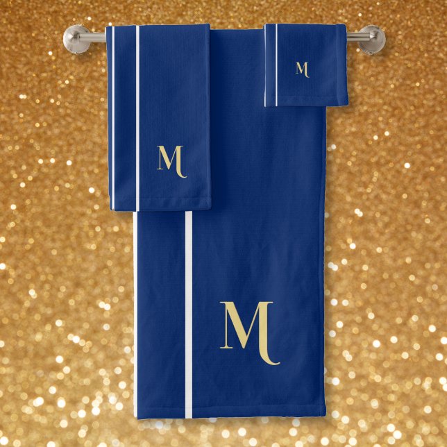 Faux Gold Monogram Navy Blue White Racing Stripes Bath Towel Set (Faux Gold Monogram Navy Blue White Racing Stripes Bath Towel Set)