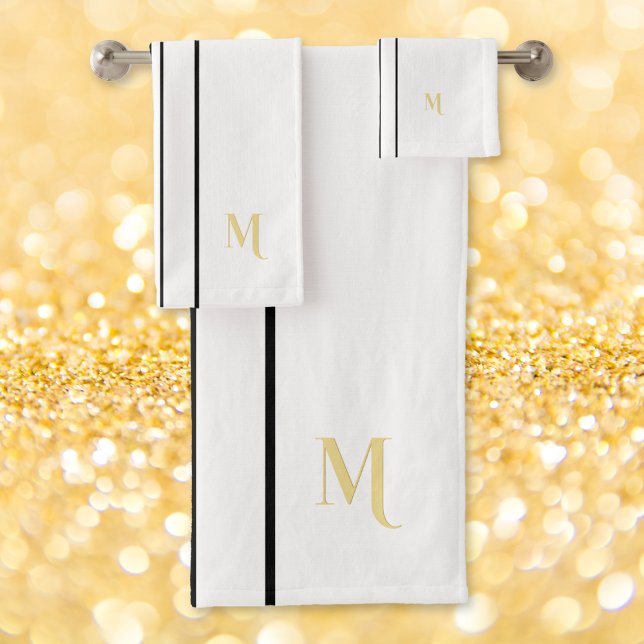 Faux Gold Monogrammed Black Racing Stripes White Bath Towel Set (Faux Gold Monogrammed Black Racing Stripes White Bath Towel Set)