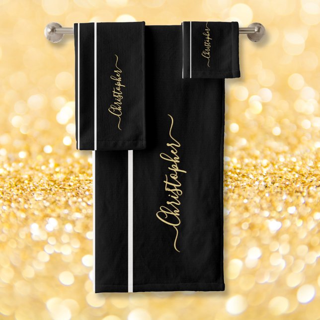 Faux Gold Monogrammed Black White Racing Stripes (Faux Gold Monogrammed Black White Racing Stripes Bath Towel Set)