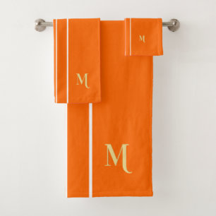 Faux Gold Monogrammed Orange White Racing Stripes Bath Towel Set