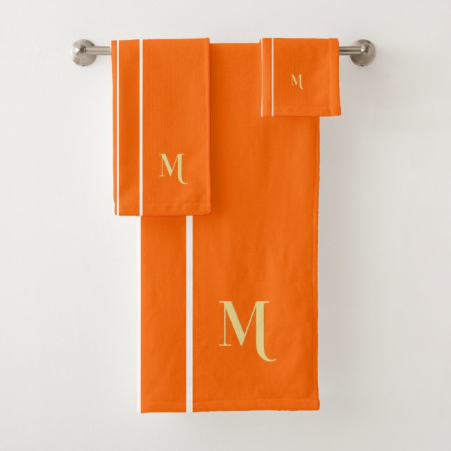 Faux Gold Monogrammed Orange White Racing Stripes Bath Towel Set (Insitu)