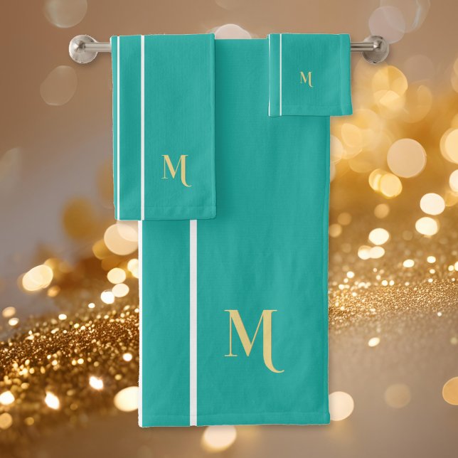 Faux Gold Monogrammed Turquoise White Racing Strip (Faux Gold Monogrammed Teal White Racing Stripes Bath Towel Set)