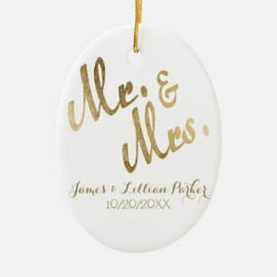 Faux Gold Mr. and Mrs. Monogram Wedding Ceramic Ornament