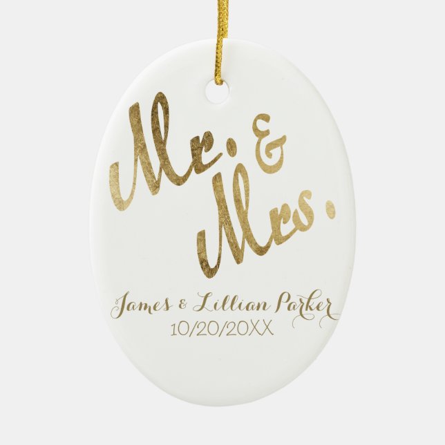 Faux Gold Mr. and Mrs. Monogram Wedding Ceramic Ornament (Front)