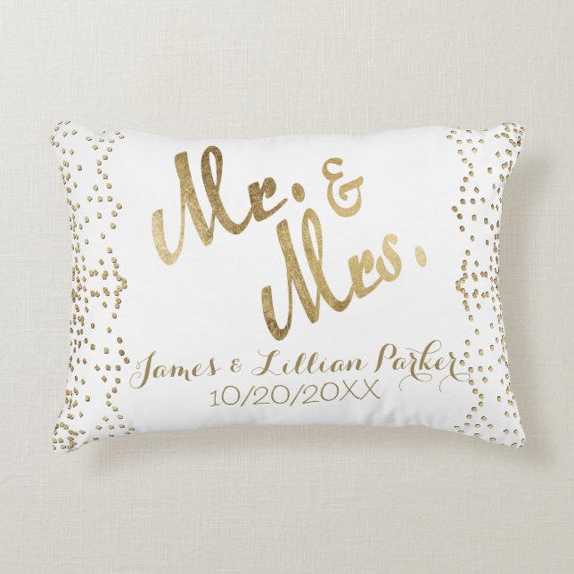 Faux Gold Mr. and Mrs. Monogram Wedding Decorative Pillow (Front)