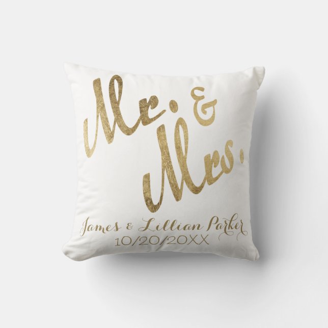 Faux Gold Mr. and Mrs. Monogram Wedding Throw Pillow (Front)