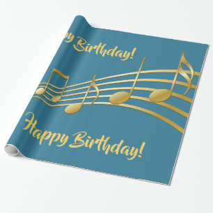 Faux gold music notes teal blue green birthday wrapping paper
