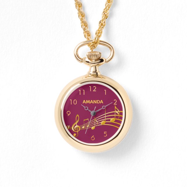 Faux gold music notes violet red name numbers watch (Front)