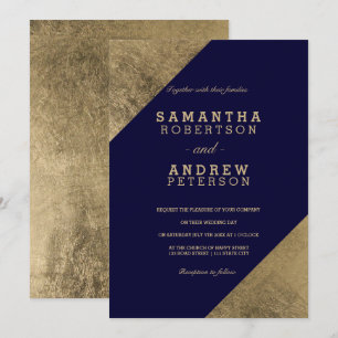 Faux gold navy blue elegant wedding colour block invitation