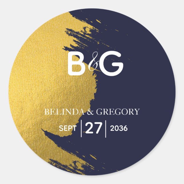 Faux Gold Navy Blue Monogram Wedding Classic Round Sticker (Front)