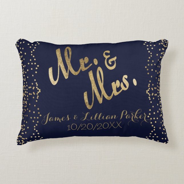 Faux Gold Navy Blue Mr. and Mrs. Monogram Wedding Accent Pillow (Front)