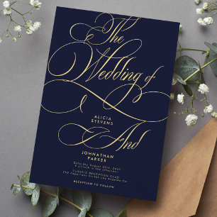 Faux gold navy elegant classic script wedding invitation