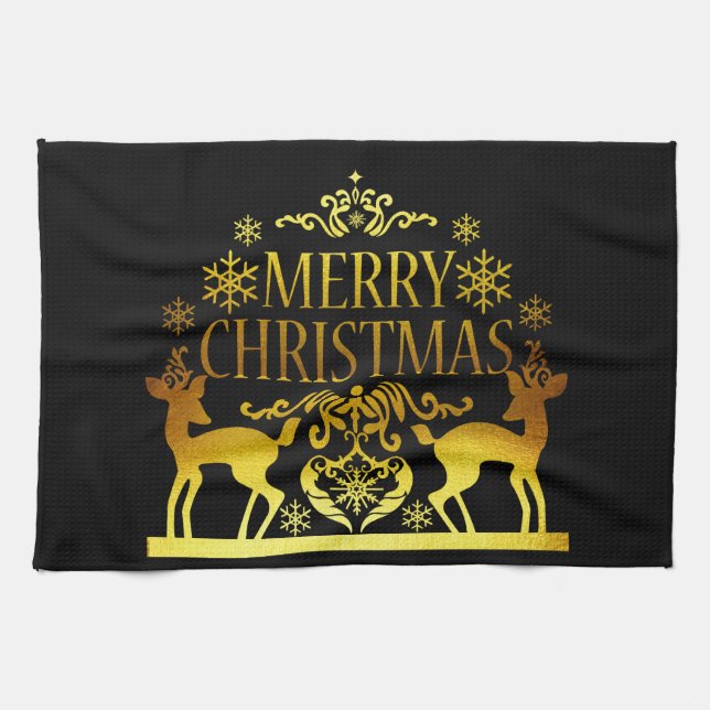 Faux Gold Noir Joyeux Noël Serviette de cuisine (Horizontal)
