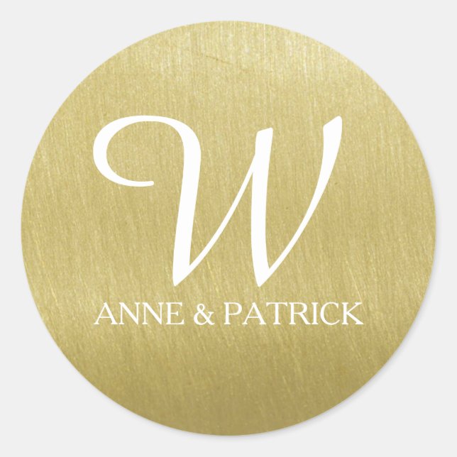 faux gold (ochre) monogram & names, wedding  classic round sticker (Front)