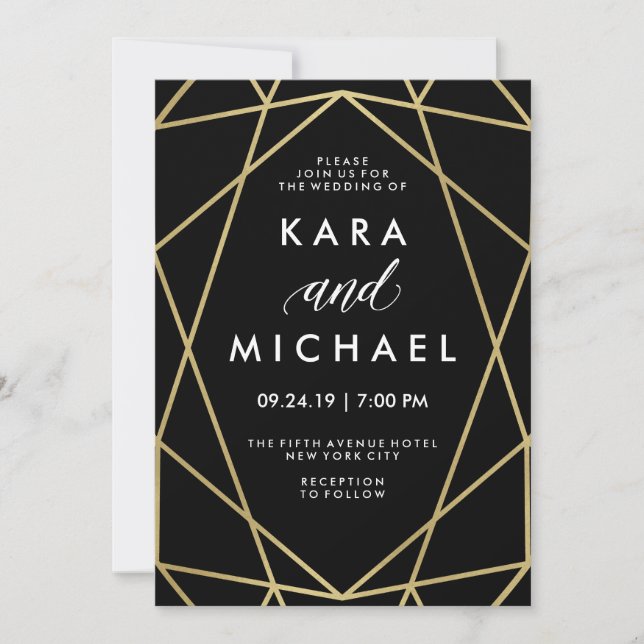 Faux Gold on Black Modern Geometric Wedding Invitation (Front)
