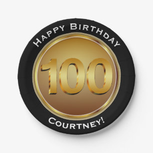 Faux Gold One Hundredth 100th Birthday with Name Paper Plate