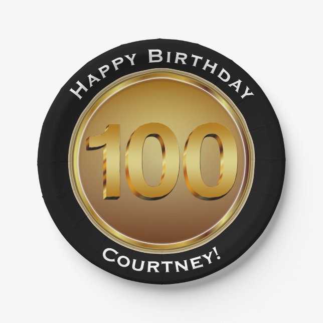 Faux Gold One Hundredth 100th Birthday with Name Paper Plate (Front)