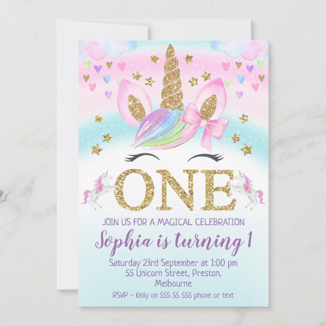 Faux Gold One Unicorn Rainbow 1st Birthday Invitation (Front)