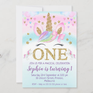Faux Gold One Unicorn Rainbow 1st Birthday Invitation