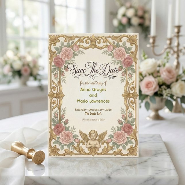 Faux Gold Ornate Baroque Floral Frame Save The Date (Creator Uploaded)