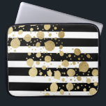 Faux Gold Paint Splatter on Black and White Laptop Sleeve<br><div class="desc">This elegant and swanky gold paint splatter on black and with stripes pattern is perfect for the trendy and stylish woman. It's modern and upscale print is great for many gifts and occasions.</div>
