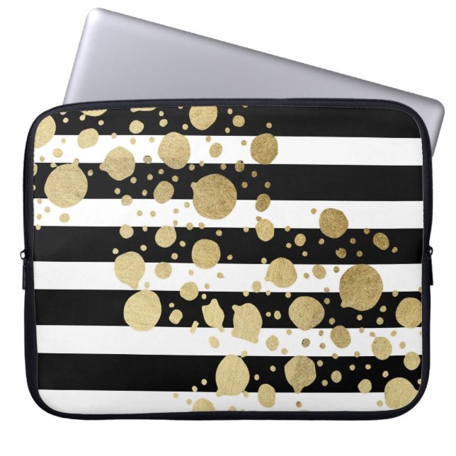 Faux Gold Paint Splatter on Black and White Laptop Sleeve (Front)