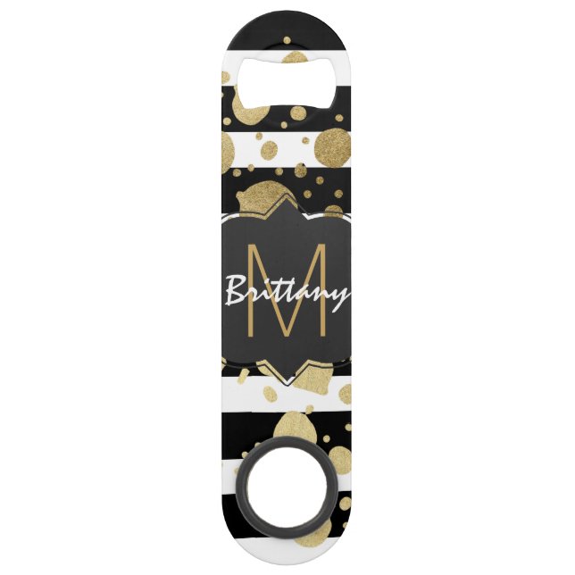 Faux Gold Paint Splatter on Black & White Monogram Bar Key (Front)
