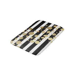 Faux Gold Paint Splatter on Black & White Stripes Bath Mat