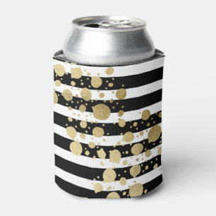 Faux Gold Paint Splatter on Black & White Stripes Can Cooler