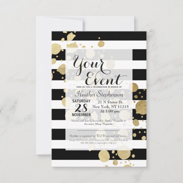 Faux Gold Paint Splatter on Black & White Stripes Invitation (Front)