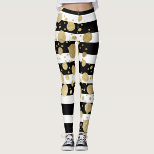 Faux Gold Paint Splatter on Black & White Stripes Leggings