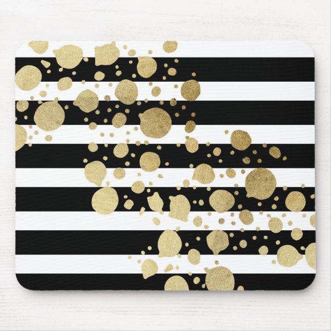 Faux Gold Paint Splatter on Black & White Stripes Mouse Pad (Front)