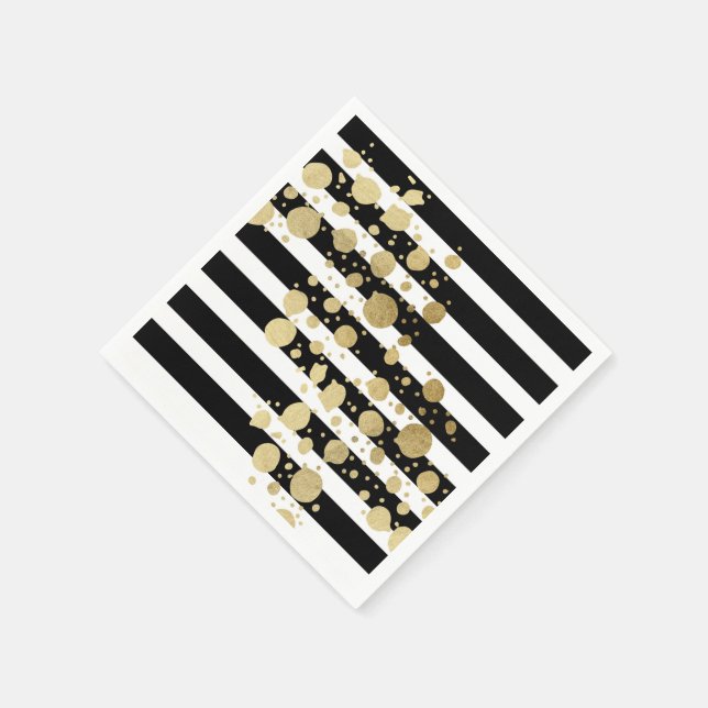 Faux Gold Paint Splatter on Black & White Stripes Napkin (Corner)