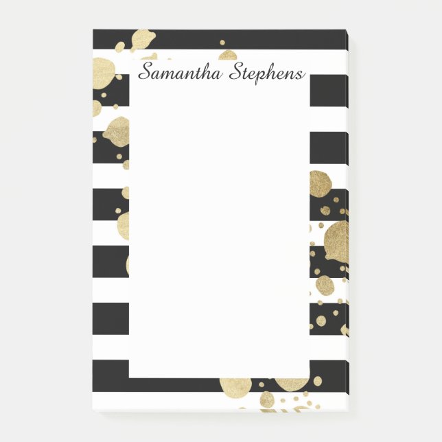 Faux Gold Paint Splatter on Black & White Stripes Post-it Notes (Front)