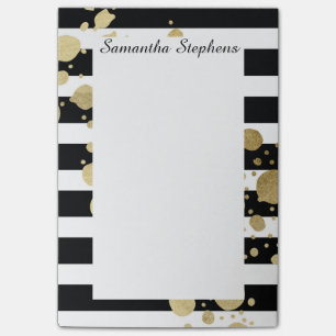 Faux Gold Paint Splatter on Black & White Stripes Post-it Notes