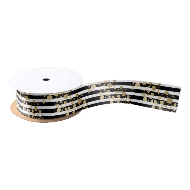 Faux Gold Paint Splatter on Black & White Stripes Satin Ribbon (Spool)