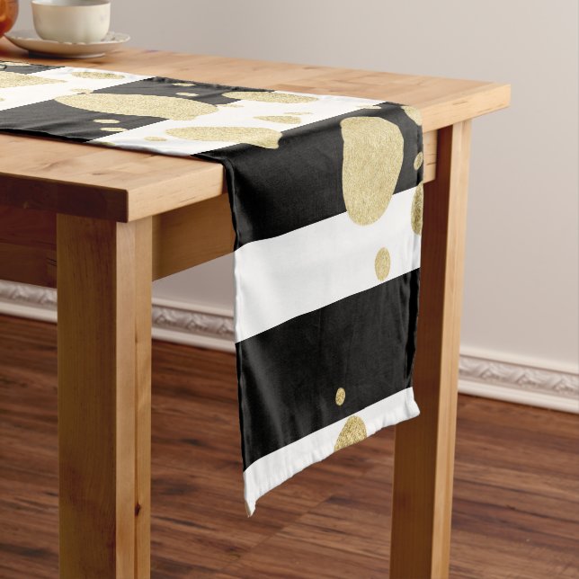 Faux Gold Paint Splatter on Black & White Stripes Short Table Runner (In Situ)