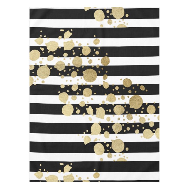 Faux Gold Paint Splatter on Black & White Stripes Tablecloth (Front)