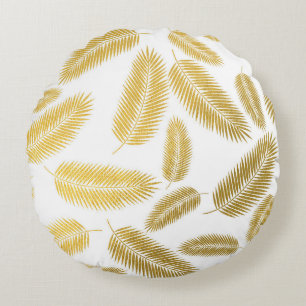 Faux Gold Palm Leaves Pattern Round Pillow