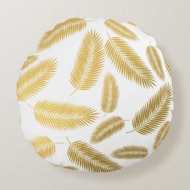 Faux Gold Palm Leaves Pattern Round Pillow (Front)