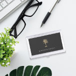 Faux Gold Palm Tree Personalized Business Card Holder<br><div class="desc">Elegant business card holder features your name and/or business name in classic white lettering on a charcoal grey background adorned with a tropical palm tree illustration in faux gold foil.</div>