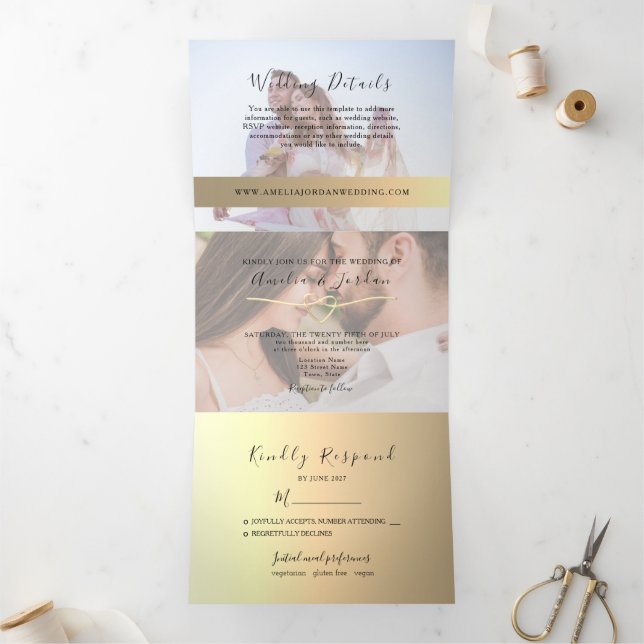 Faux Gold Photo Wedding Tri-Fold Invitation (Inside)