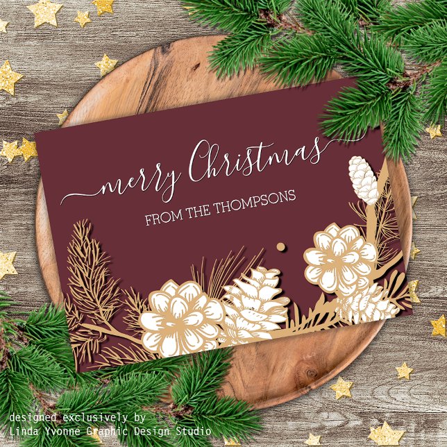 Faux Gold Pine Cones Needles On Mauve Pink Holiday Card (Creator Uploaded)