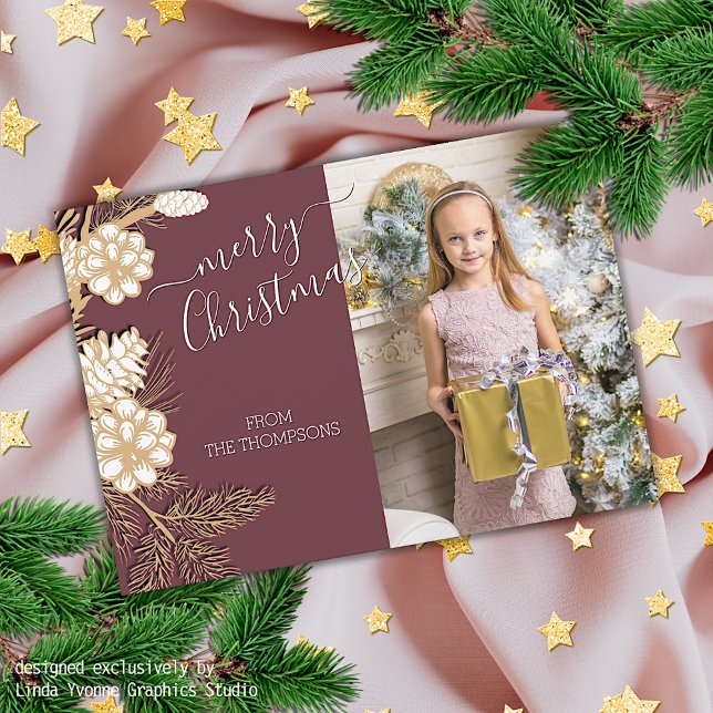 Faux Gold Pine Cones Needles On Mauve Pink Holiday Card (Creator Uploaded)