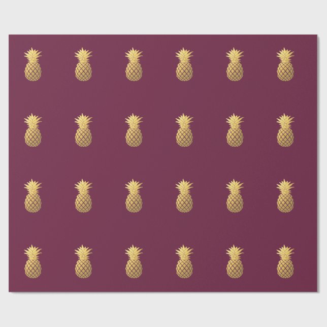 Faux Gold Pineapple on Burgundy Wrapping Paper (Flat)