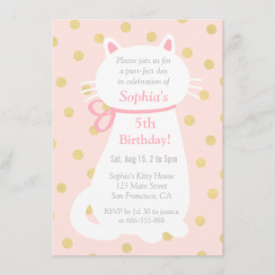 Faux Gold Polka Dots White Cat Birthday Party Invitation